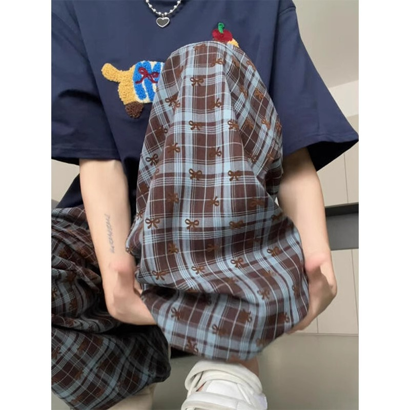 Korean foreign trade Korean retro plaid bow printed wide-leg casual pants for women thin loose straight trousers