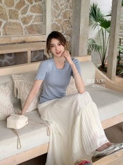 木耳邊圓領短袖針織上衣女2025春季新款韓系甜美修身短款別致小衫