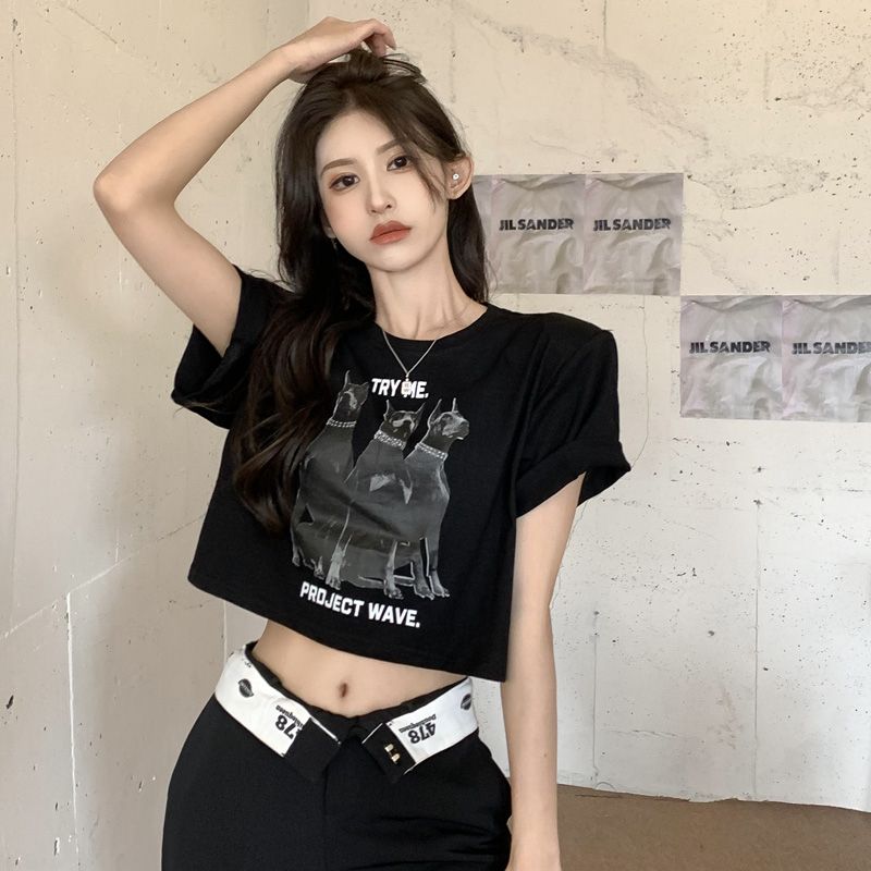 純棉原版外貿韓版後包領夏季新款女裝圓領印花修身短款T恤女短袖
