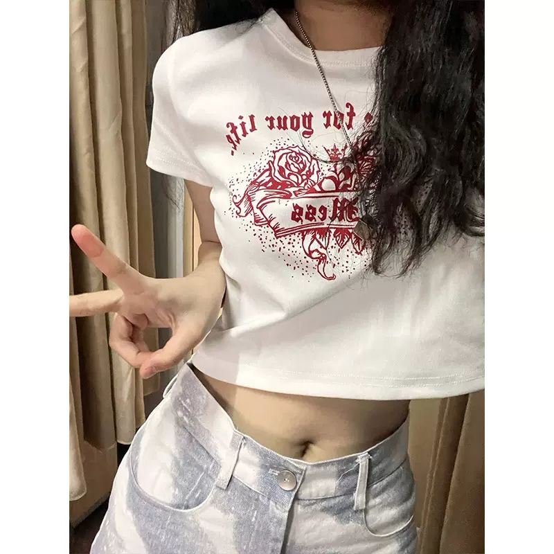 純棉原版外貿韓版後包領夏季新款女裝圓領印花修身短款T恤女短袖