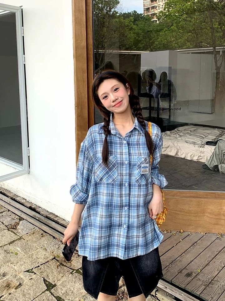 原版格紋防曬襯衫外套女夏季新款寬鬆貼標上衣設計感小眾襯衣