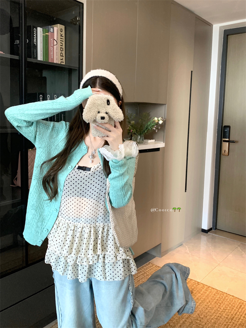Real shot of mint green knitted cardigan thin jacket for women polka dot vest layered two-piece set