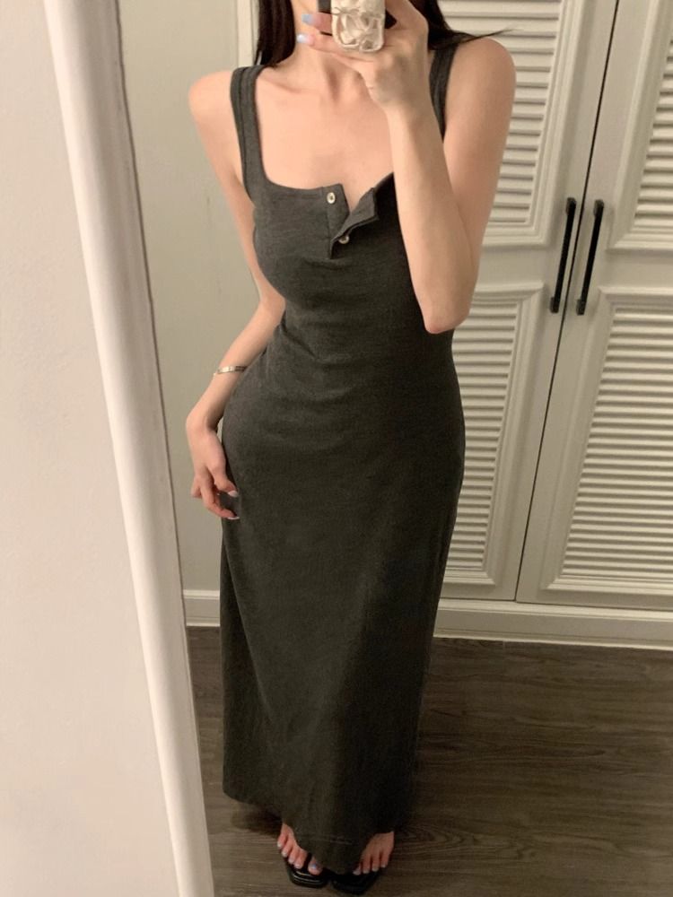Gray suspender skirt hot girl long skirt slim dress women summer temperament waist-hugging and slim hip skirt vest skirt