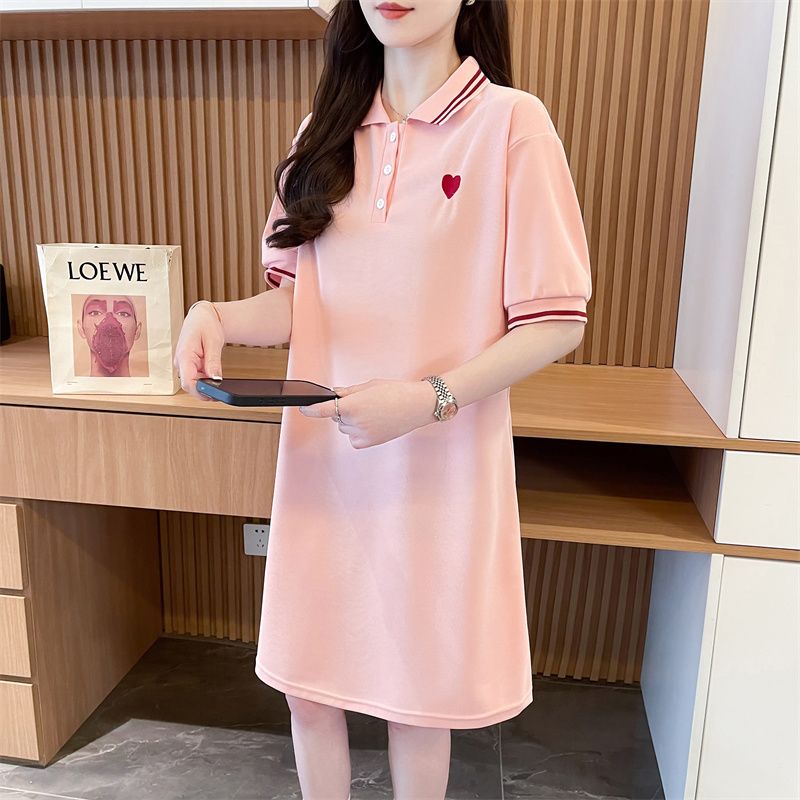 實拍/莫代爾珠地韓版寬鬆polo領中長款刺繡連衣裙女夏裝新款