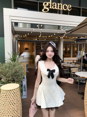 實拍~ 氣質學院夏季短款波點花邊連衣裙