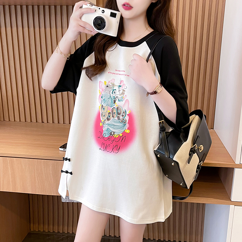 | Real shot | Pure cotton 200g | Back bag collar | Chinese style medium-length contrasting short-sleeved T-shirt for women