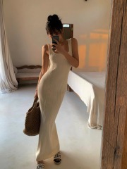 小麗羅馬假日春夏無袖背心吊帶針織連衣裙秋裝修身顯瘦包臀長裙