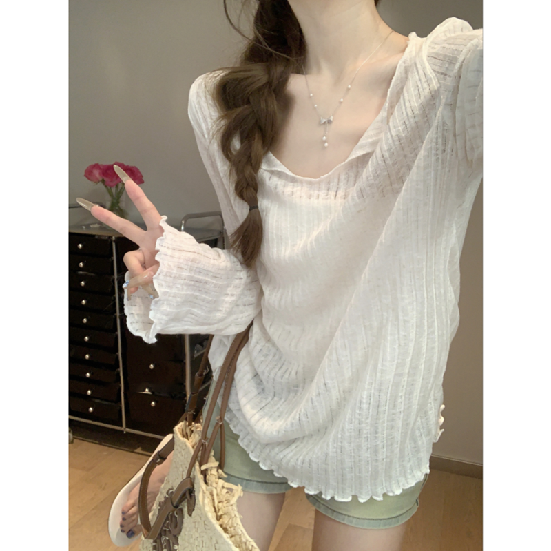 Korean loose milky white big neck T-shirt for women in summer black ears layered sunscreen blouse slightly transparent V-neck top