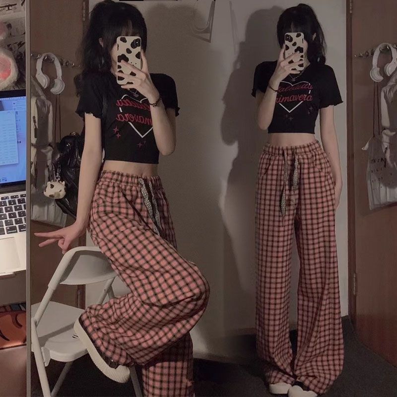 Summer hot girls ins short fashion tops high waist drooping wide-leg pants plaid trousers casual two-piece set