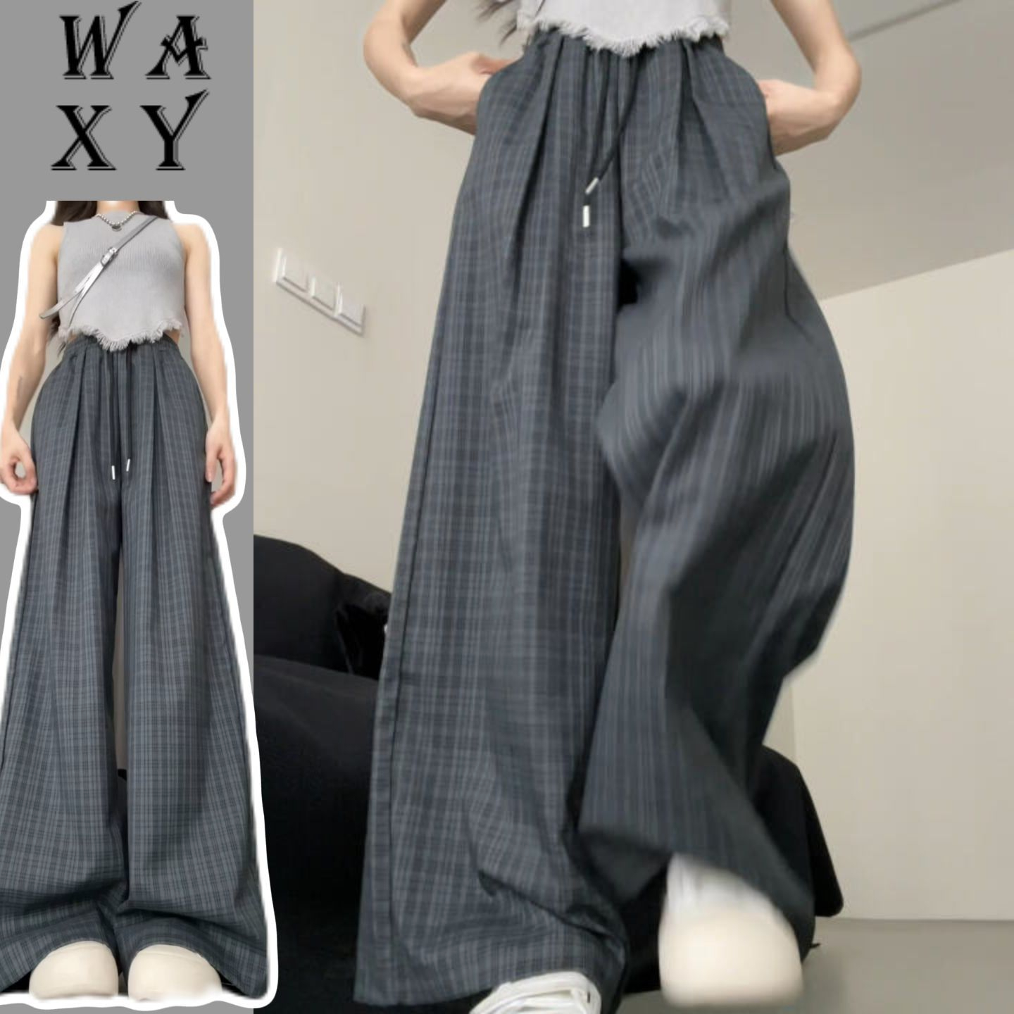 Korean Foreign Trade Spring and Summer Plaid Loose Wide Legs Casual Pants Women's Elastic Waist Drawstring Straight Walking Pants