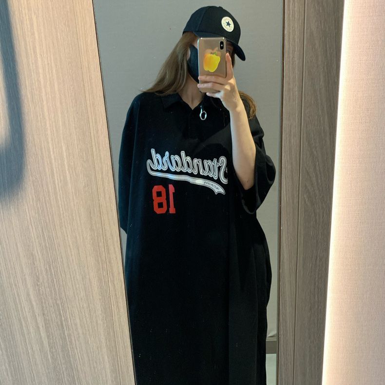 仿棉牛奶絲#有口袋Polo領連衣裙女夏季新款韓版慵懶寬鬆懶人裙子
