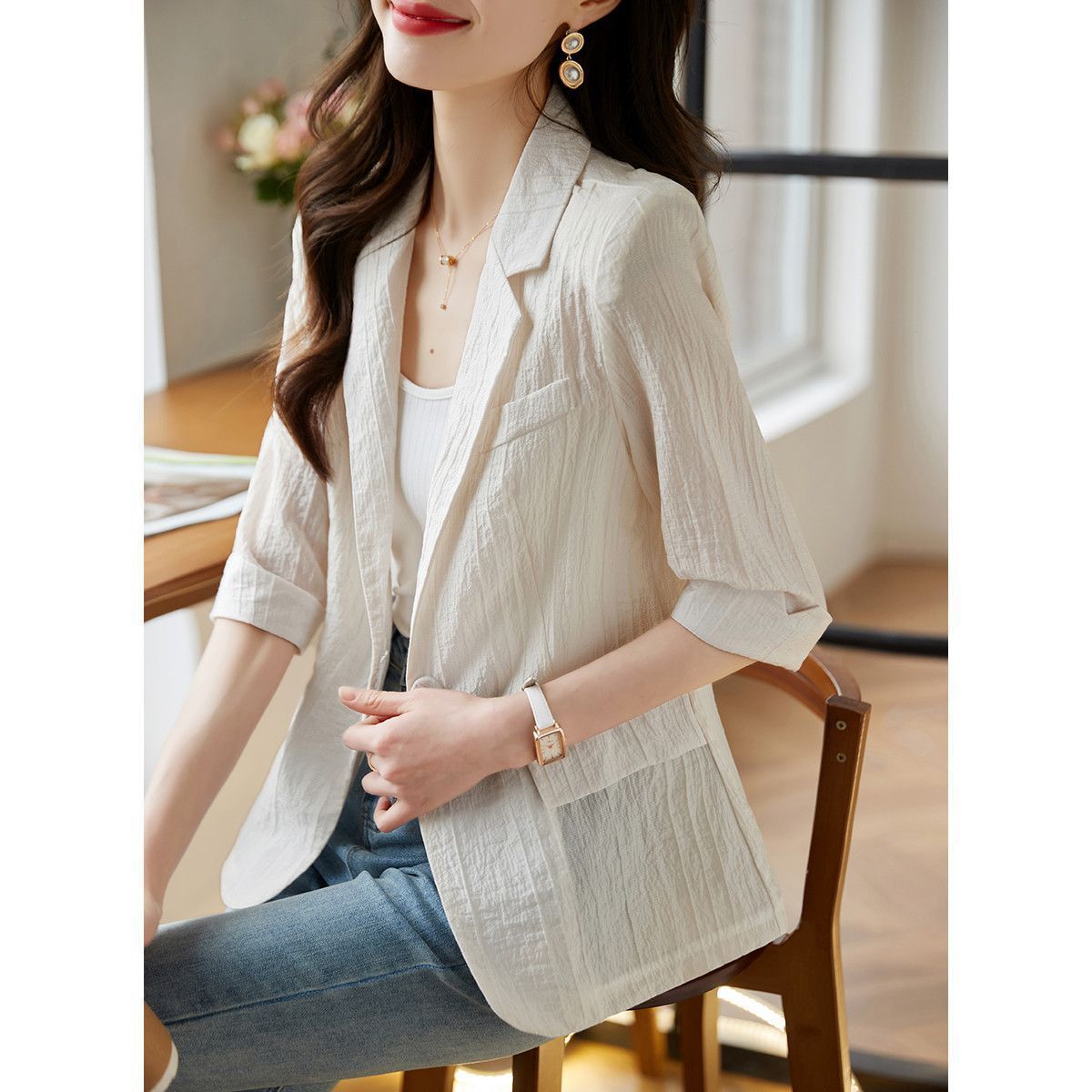 Pure Color Fashion Slim Fit Five-Button Blazer for Women 2025 Spring Summer Trendy Casual Sun Protection Thin Top