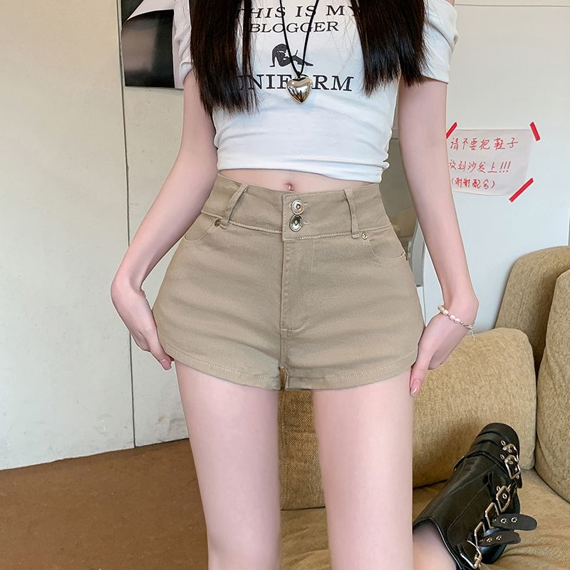 Real shot~ American hot girl high waist denim shorts for women khaki summer slim elastic hip-packing hot pants