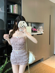 Real shot, pleated strapless short skirt suit for women in spring temperament, sweet and spicy style two-piece set