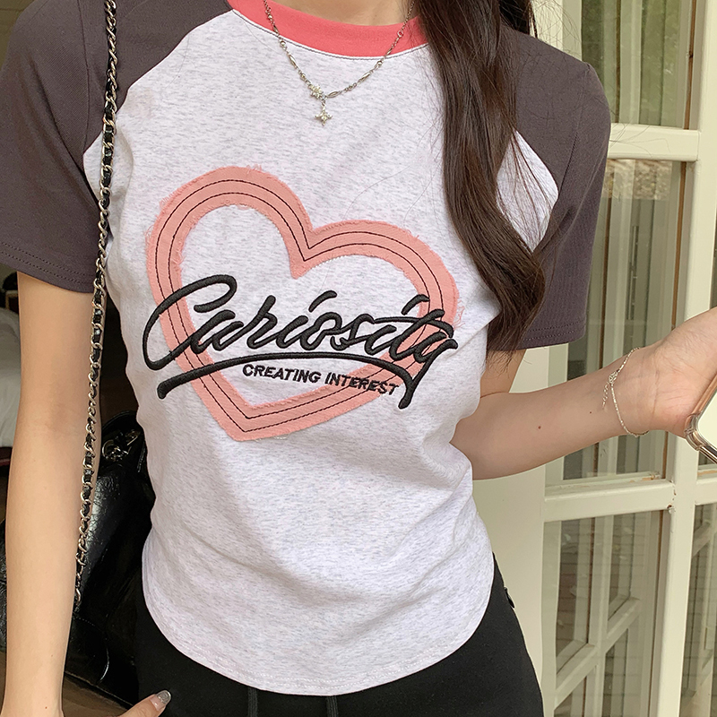 Real shot 1*1 pure cotton thread 210g short-sleeved T-shirt for women's summer short embroidered slim raglan sleeves round neck women's clothing
