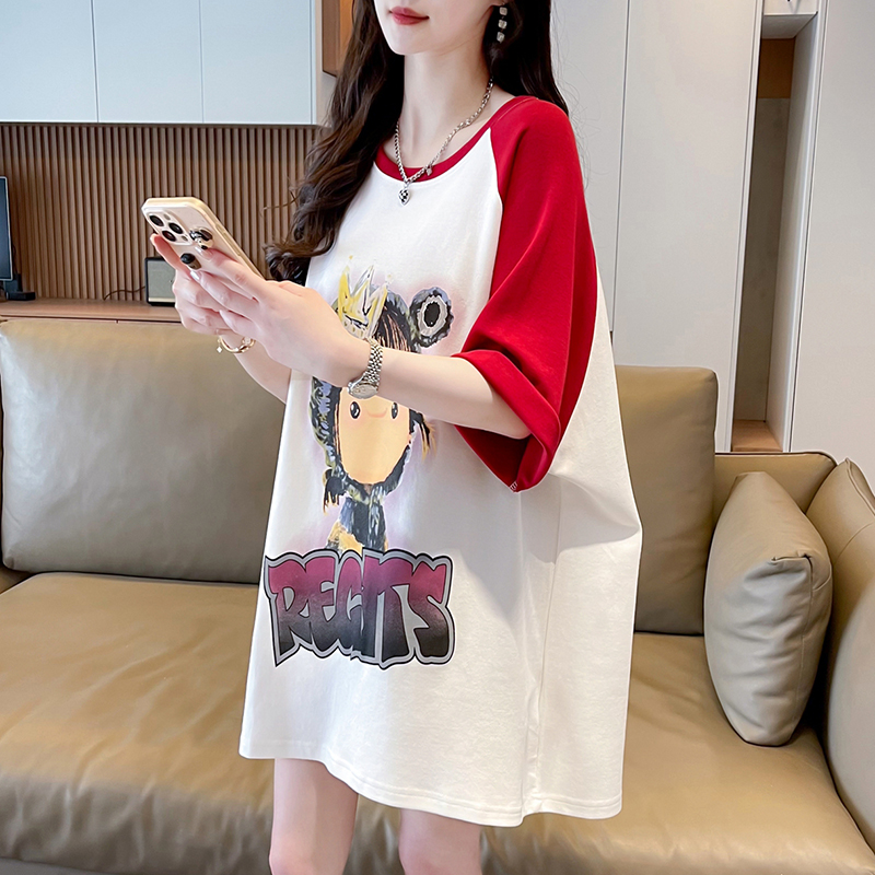 | Real shot | 100% pure cotton | Back bag collar | Korean mid-length contrasting color spliced ​​short-sleeved T-shirt for women
