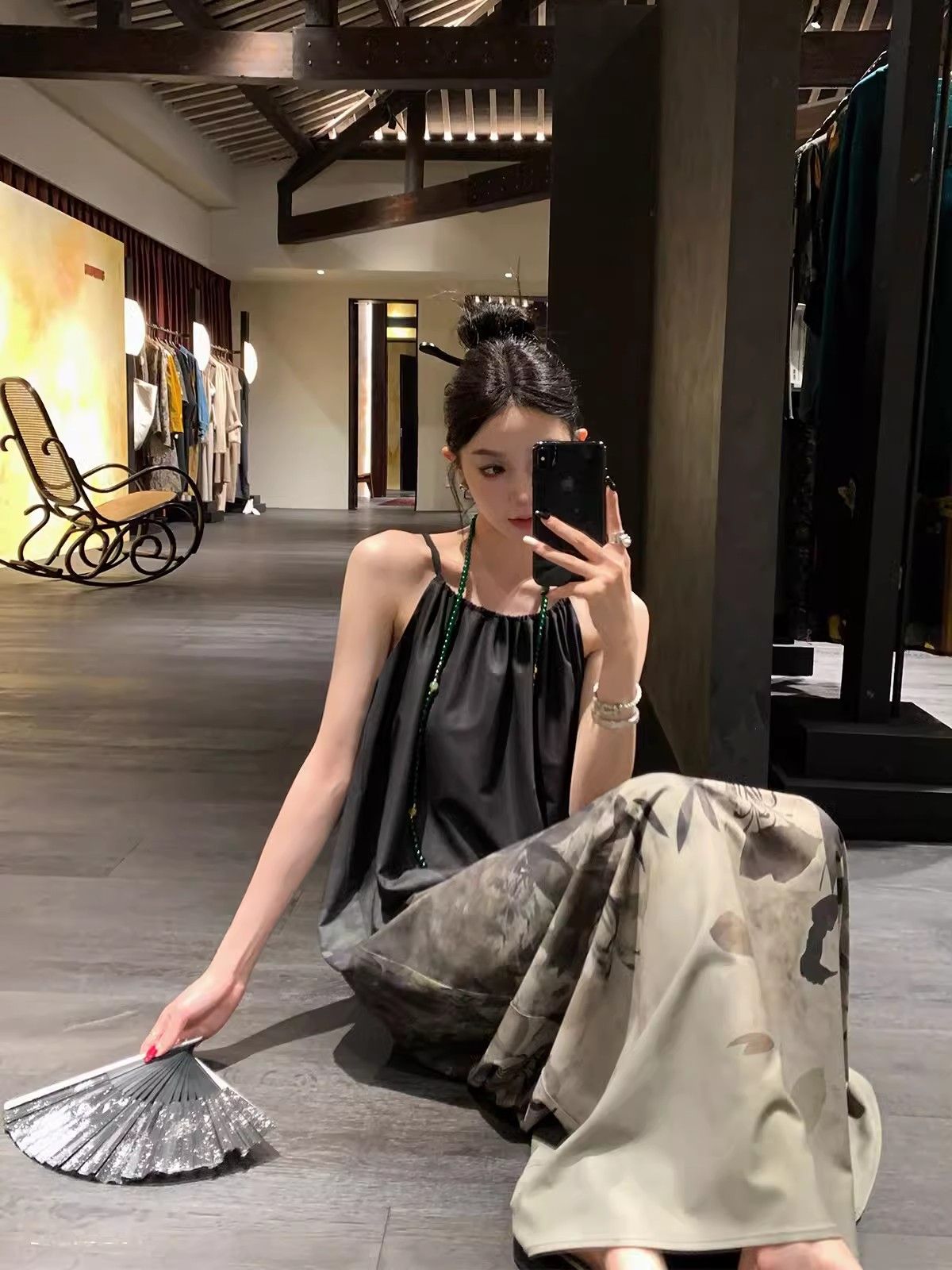 新中式暈染印花吊帶連衣裙女夏季設計感寬鬆長裙氣質無袖a字裙子