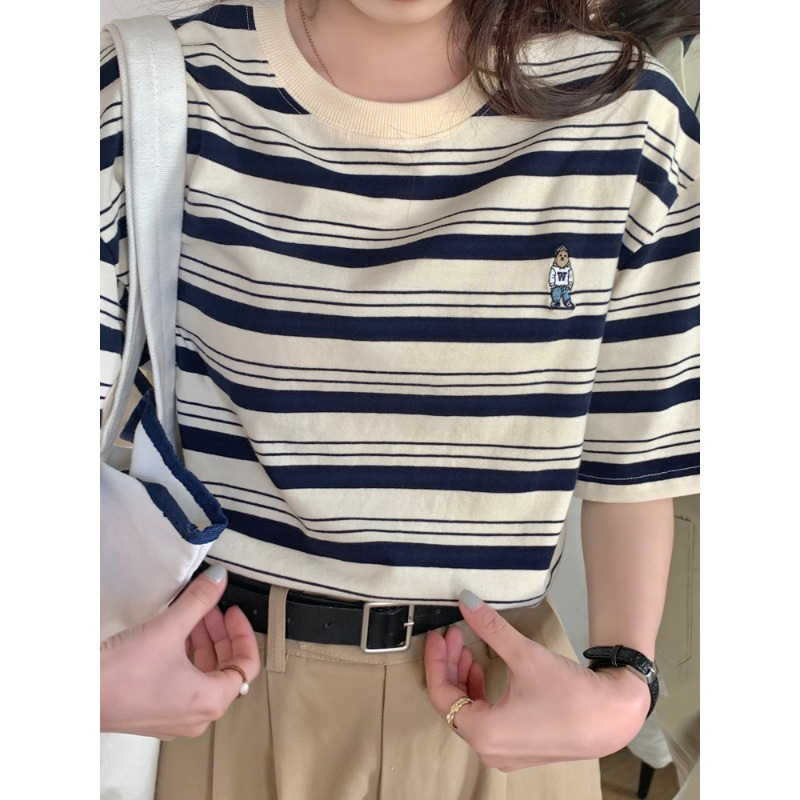 小熊條紋T恤女夏季韓版chic寬鬆半袖ins潮短袖上衣