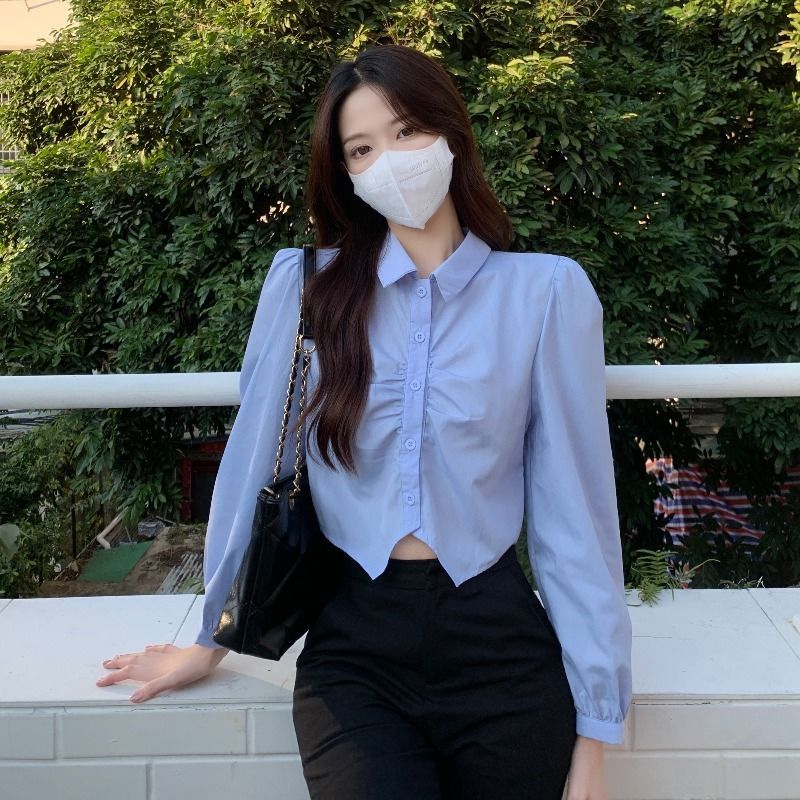 春秋襯衫女短款設計感小眾白色褶皺不規則長袖高級感別致襯衣
