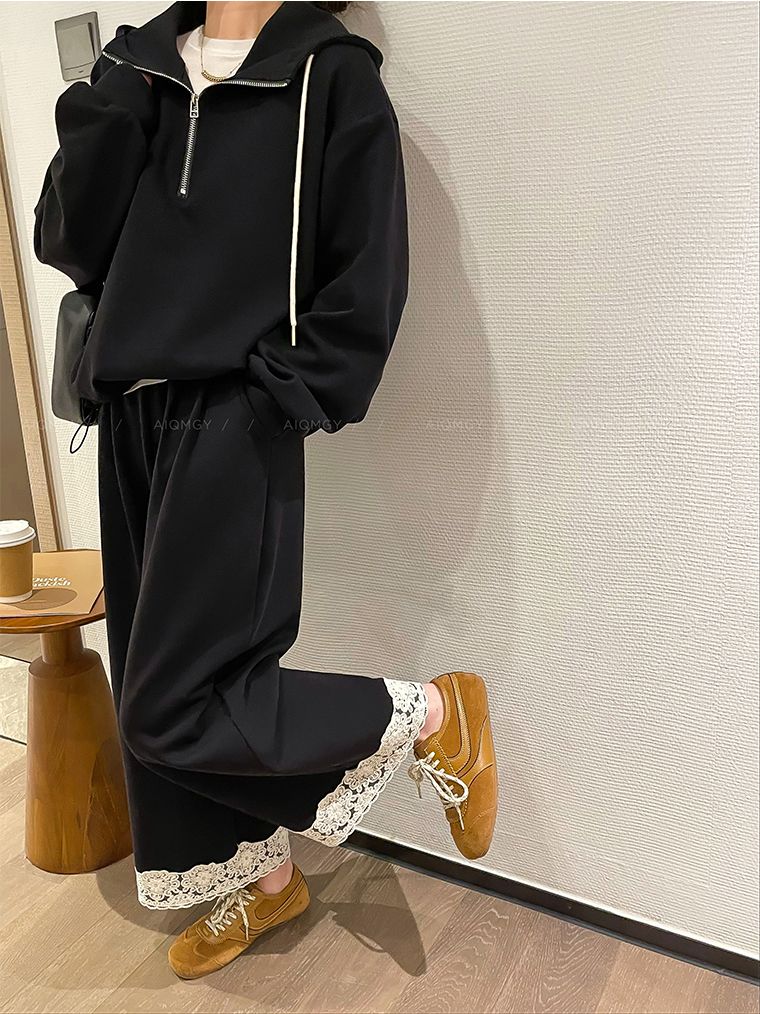 華棉復牛奶絲時尚休閒套裝女2025韓版衛衣闊腿褲九分褲兩件套