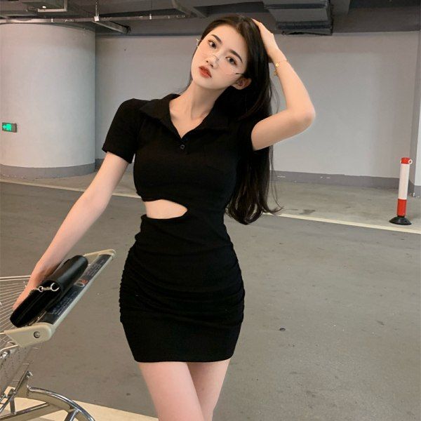 Design-sensory lapel button short sleeve dress niche pleated spring clothes hollow waist exposed black hip short skirt for women