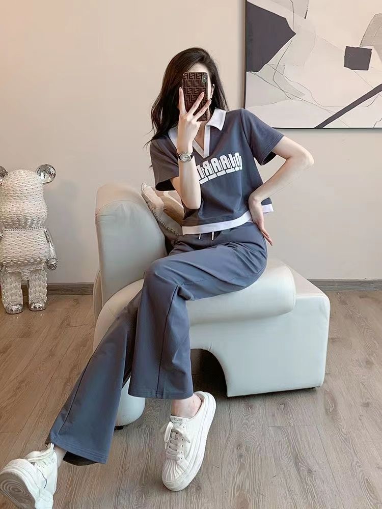 2025年時尚運動服套裝女夏潮V領短袖T闊腿褲兩件套休閒洋氣減齡