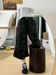 Wide-legged jeans for women 2025 spring new large size camouflage multi-pocket design loose straight-leg pants cropped pants