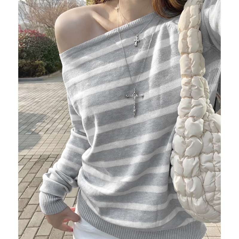 French versatile blue and white striped off-shoulder clavicle sweater Korean lazy style one-length off-shoulder top for women 2025