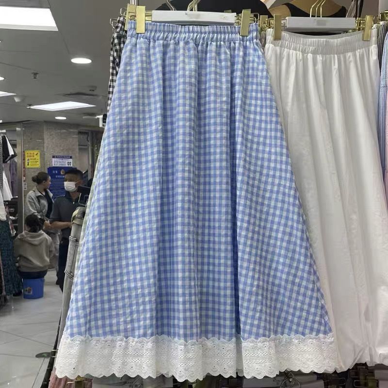 氣質格子蕾絲拼接中長款裙子女2025春夏新款顯瘦a字仙女半身裙21J