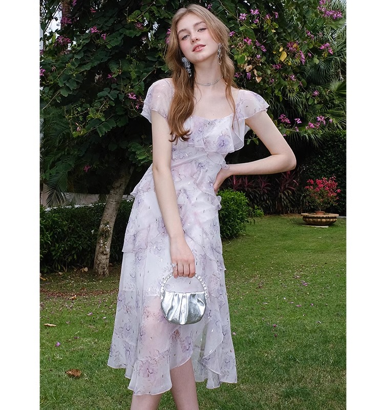 2025 purple wavy ruffle dress for women in summer new French small flying sleeves long floral skirt short sleeves