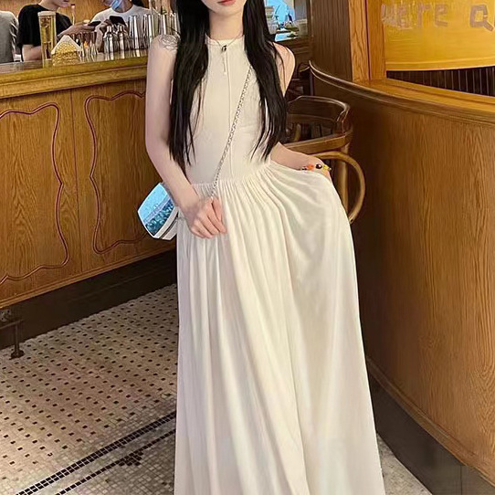 Sweet COS style design long skirt slim and slim big sport dress sweet sleeveless solid color