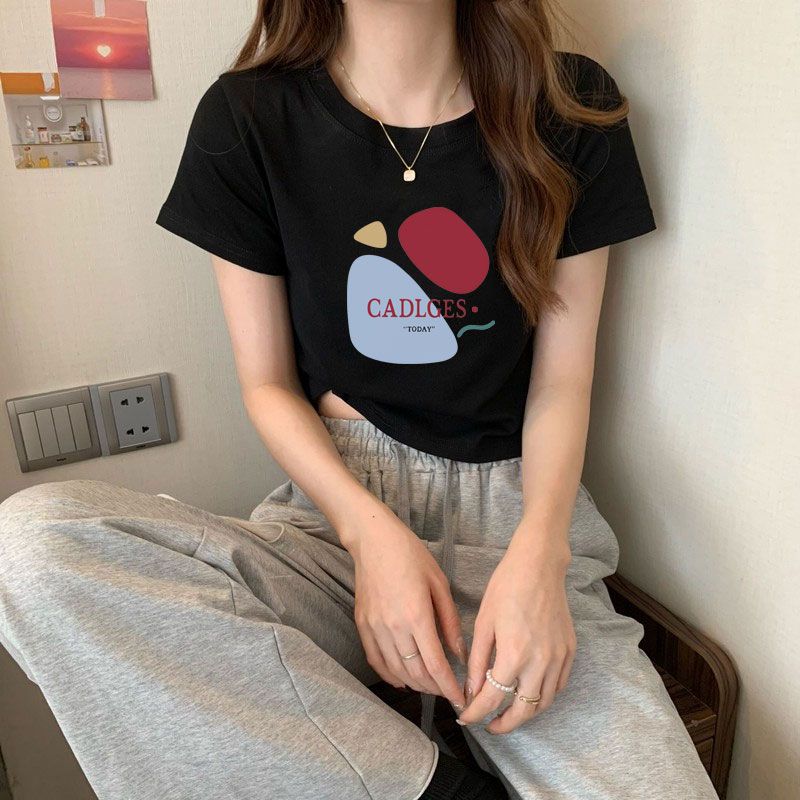 純棉原版外貿韓版後包領夏季新款短袖T恤女高腰露臍圓領修身上衣