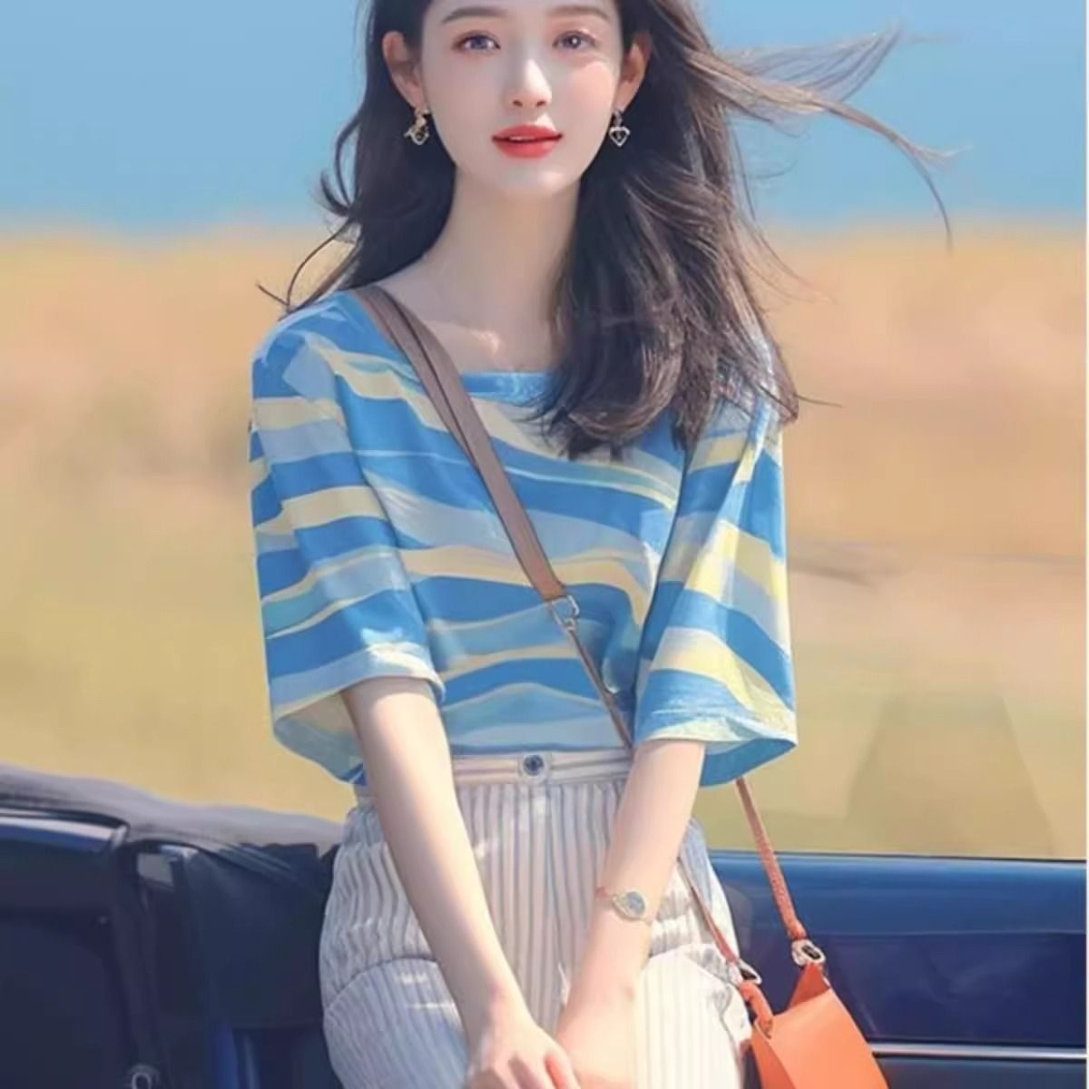 大碼女裝韓系條紋休閒時尚簡約顯瘦圓領夏季洋氣百搭上衣300斤