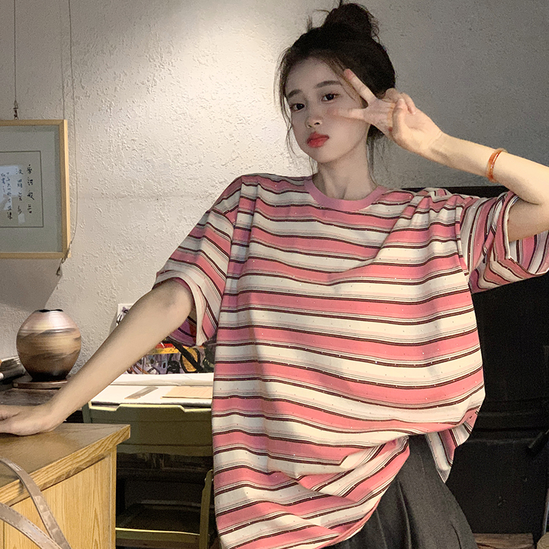 Real shot 230g double yarn pure cotton striped short-sleeved T-shirt summer 2025 front shoulder medium long round neck top Korean women's clothing
