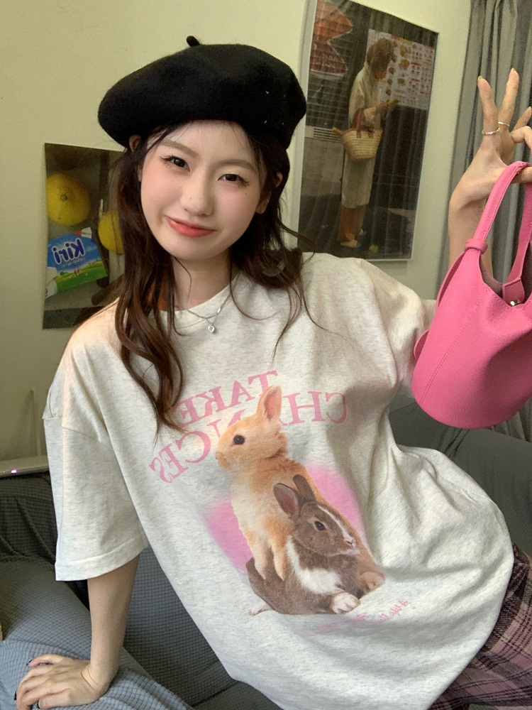 純棉 原版夏季韓版新款原宿風失蹤印花寬鬆短袖T恤上衣女裝