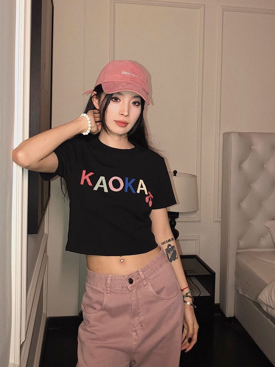Pure cotton original foreign trade Korean version rear bag collar summer new women's round neck printed slim short T-shirt for women short sleeves