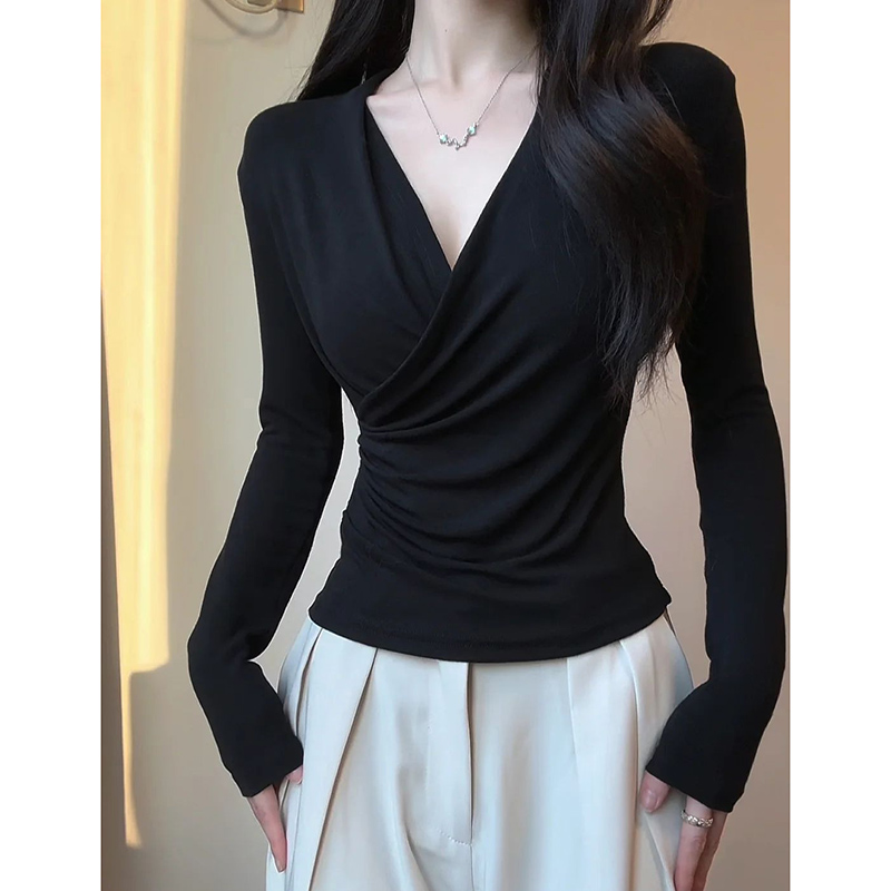 Black cross v-neck long-sleeved T-shirt for women in spring and autumn new slim waist covering belly pure desire inner bottom shirt top