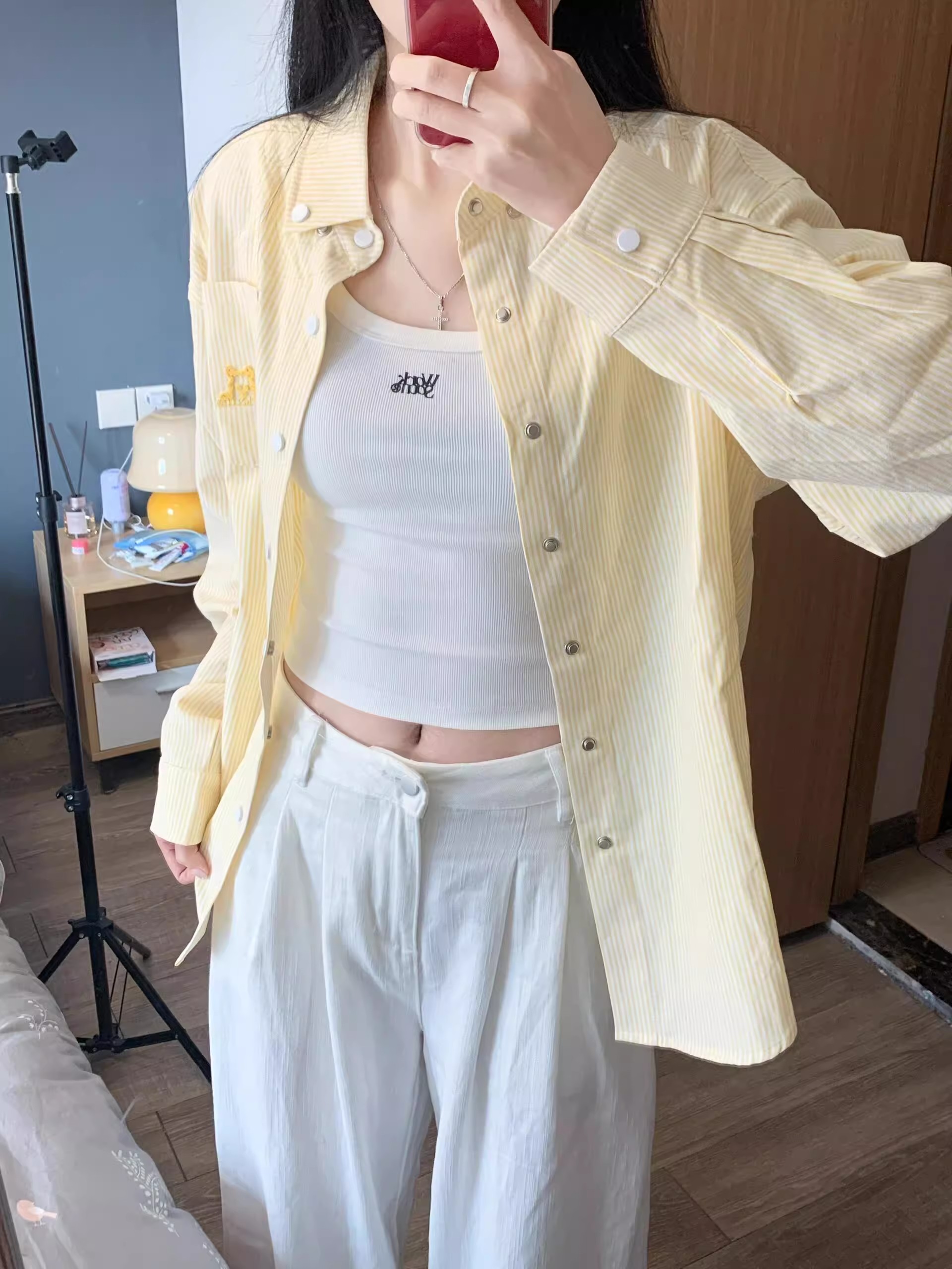 American retro yellow striped Polo collar shirt jacket for women in spring loose casual long-sleeved shirt top