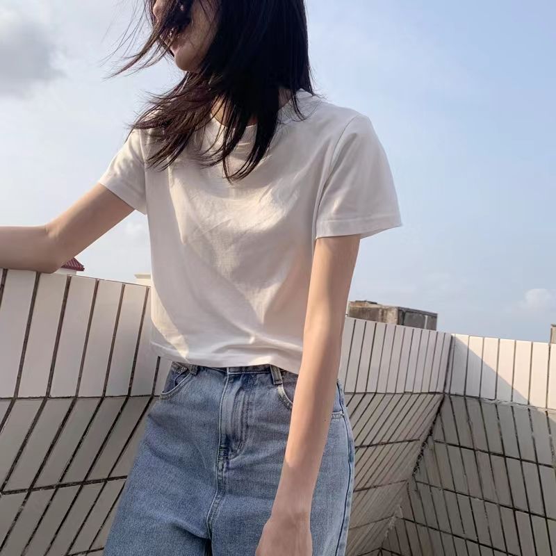 Foreign trade original pure cotton short-sleeved T-shirt for women in summer navel-exposed top high-waisted women's top