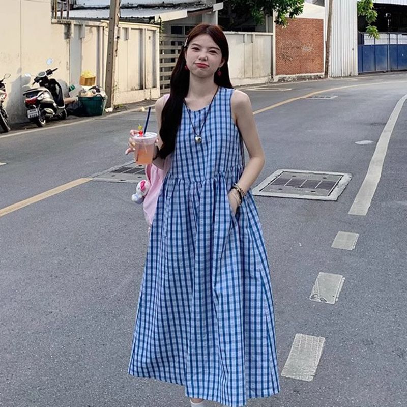 小眾設計感藍色格子無袖背心連衣裙2025夏季新款寬鬆顯瘦長裙女潮
