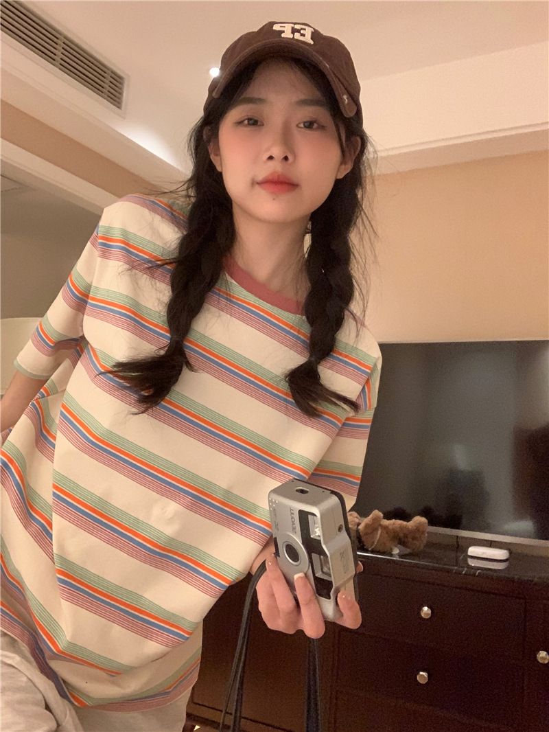 復古條紋圓領短袖t恤女裝夏季韓版寬鬆