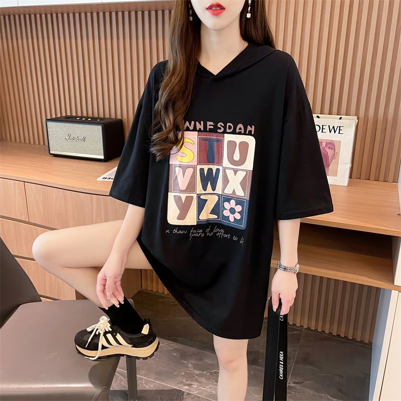 實拍質量/純棉/後包領/寬鬆大碼連帽印花上衣T恤女夏裝