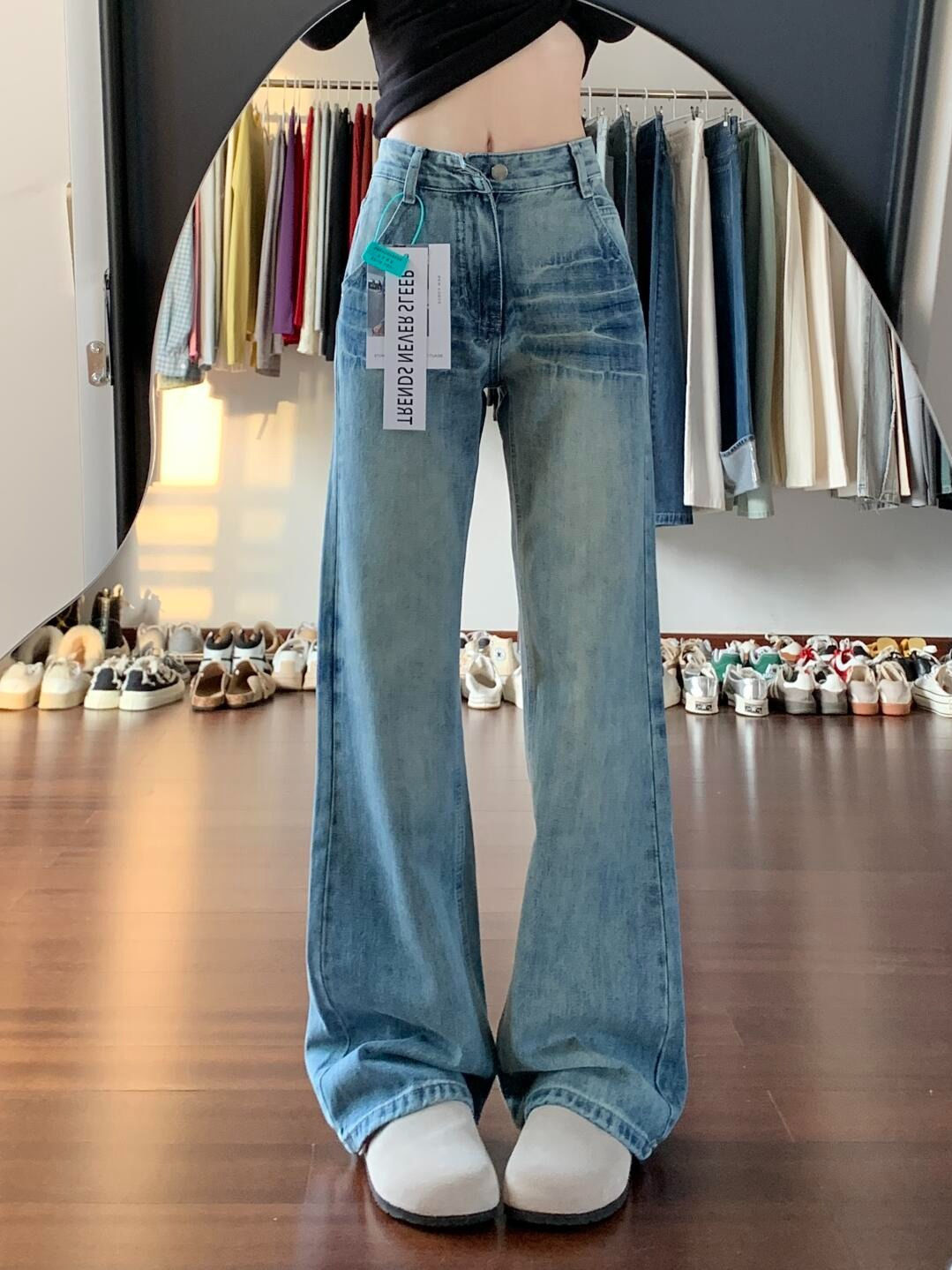 American-style washing retro low waist slightly flared jeans for women's spring new loose slim flared straight floor pants