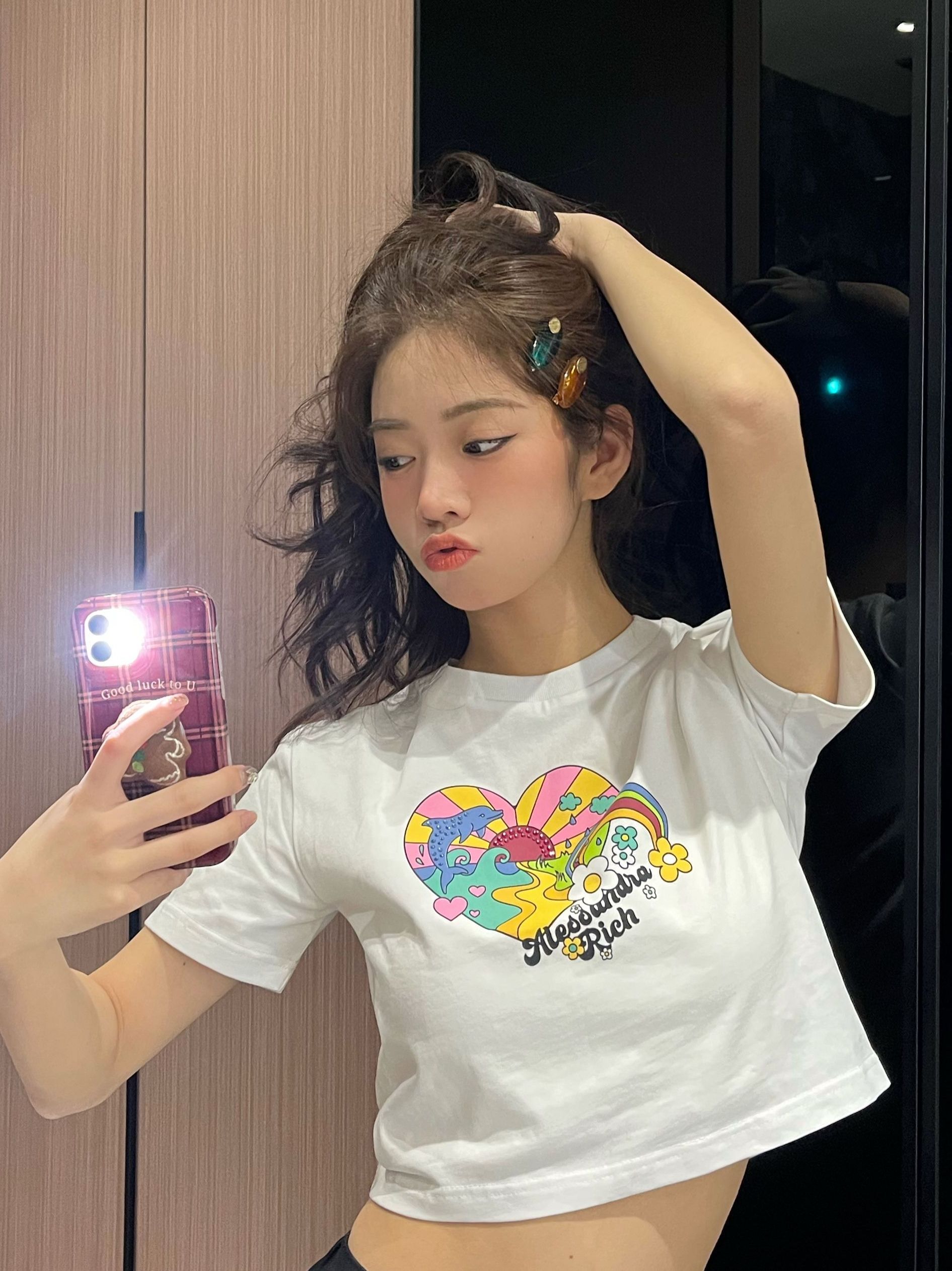 Pure cotton original foreign trade Korean version rear bag collar summer new women's round neck printed slim short T-shirt for women short sleeves