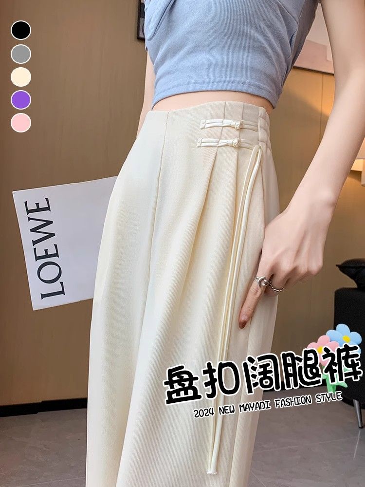 Women's Autumn Spring High-Grade Crepe White Denim Pants with Traditional Chinese Light Guofeng Buttoned Zen A-Line Pants