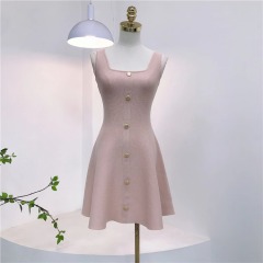 富家千金~夏季新款純欲名媛方領鍍金釘珠針織背心連衣a字短裙