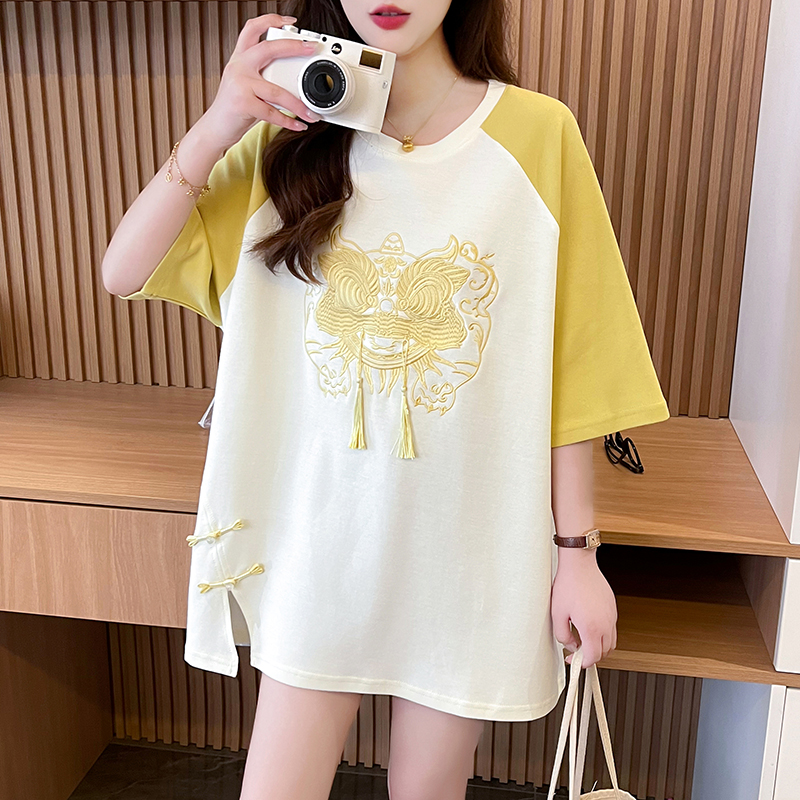 | Real shot | Pure cotton 200g | Back bag collar | Chinese style medium-length embroidered short-sleeved T-shirt for women