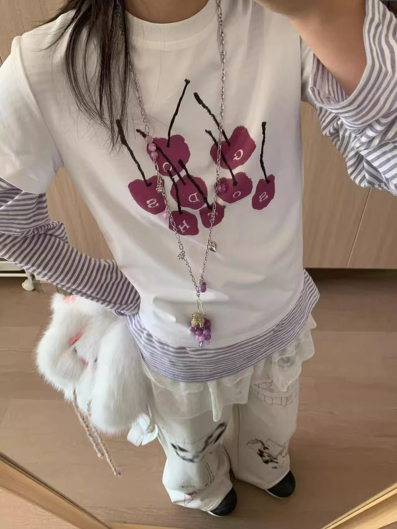美式復古ins小眾白色櫻桃印花顯瘦正肩短袖T恤上衣2025春季女
