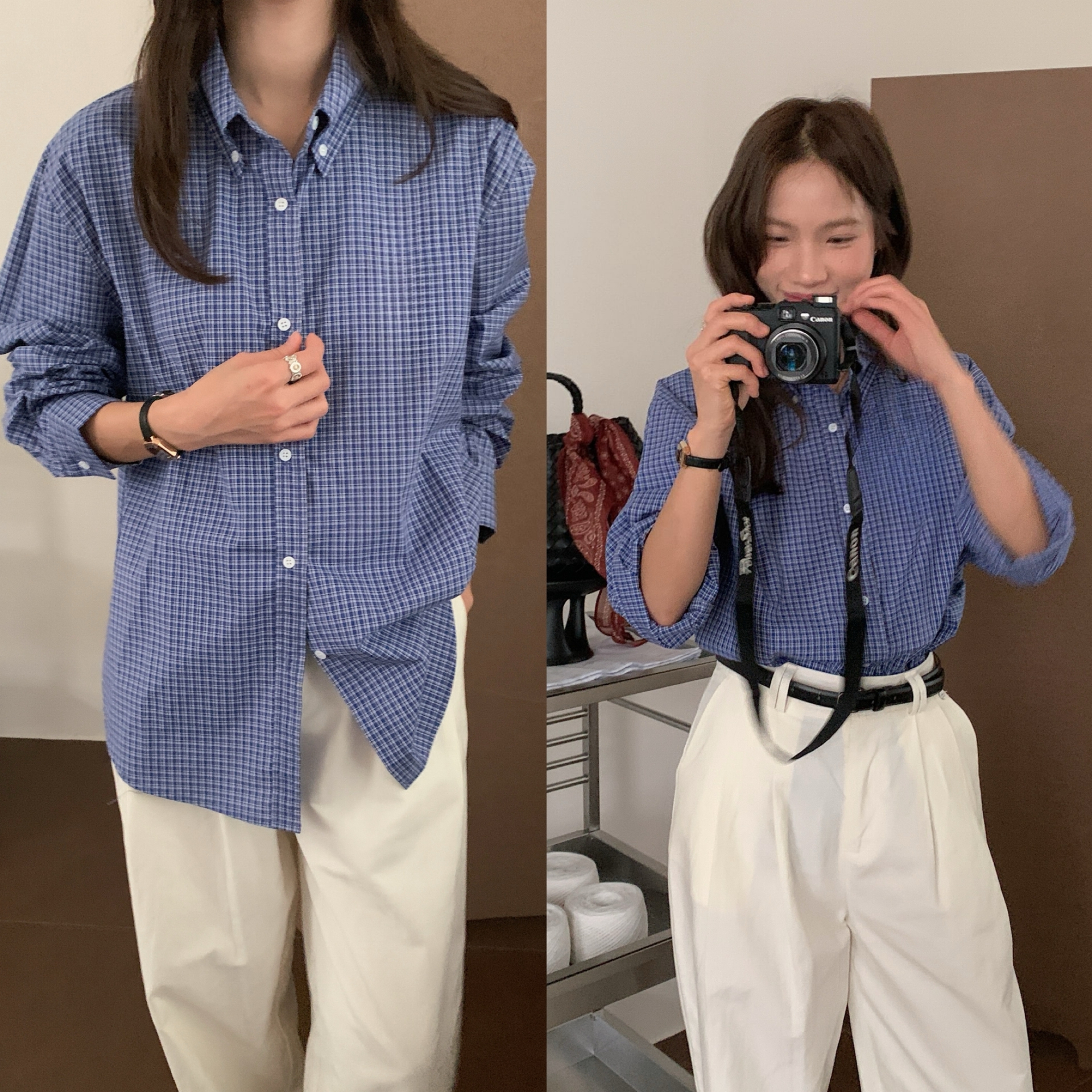 ~原版韓國chic 韓系經典復古藍色小格子長袖襯衫女