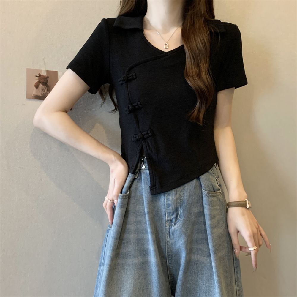 實拍  40支純棉210克92棉/8氨綸短袖T恤女polo領排扣